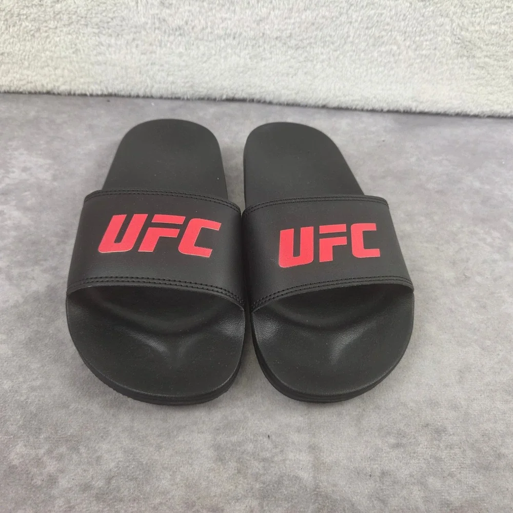 UFC Mens Slide Sandals Black Red Logo Athletic Slip On Shoes Gym Shower Slides